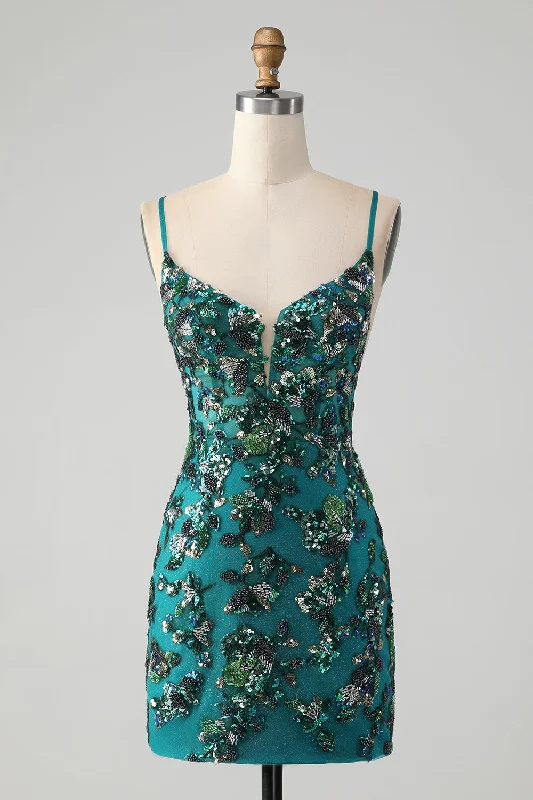 Sparkly Dark Green Beaded Sequins Bodycon Homecoming Dress with Lace-up Back