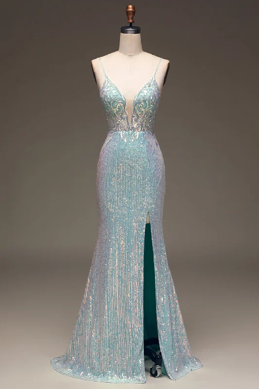 Sparkly Mermaid Grey Blue Sequins Prom Dress with Split Front