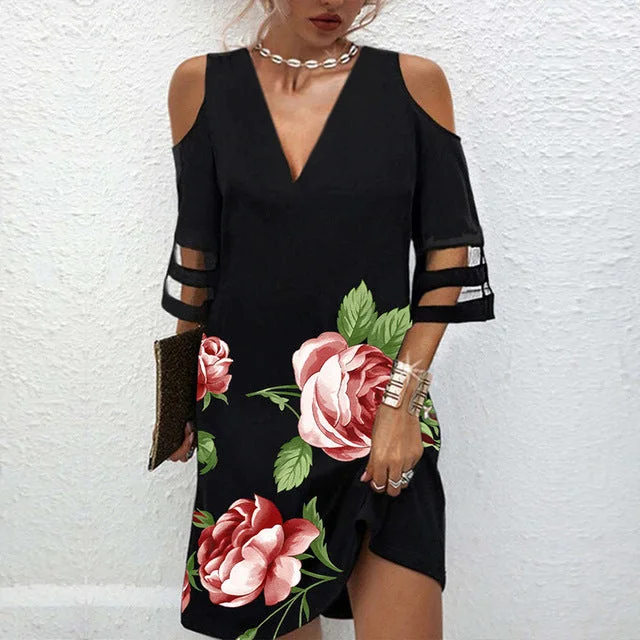 Summer V-neck Positioning Flower Mesh Stitching Dresses