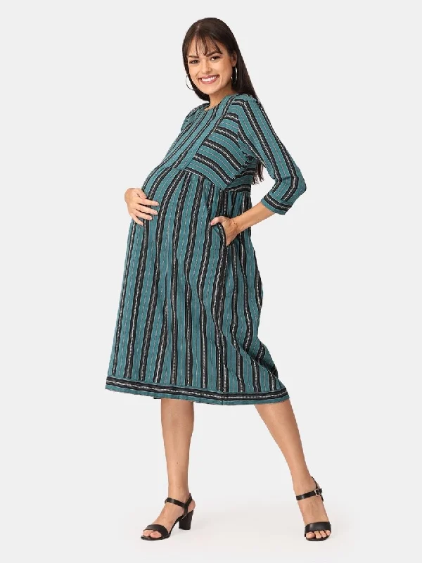 Teal and Black Stripes Cotton Maternity and Casual Dress