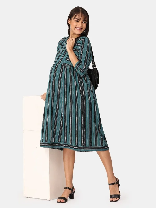 Teal and Black Stripes Cotton Maternity and Casual Dress