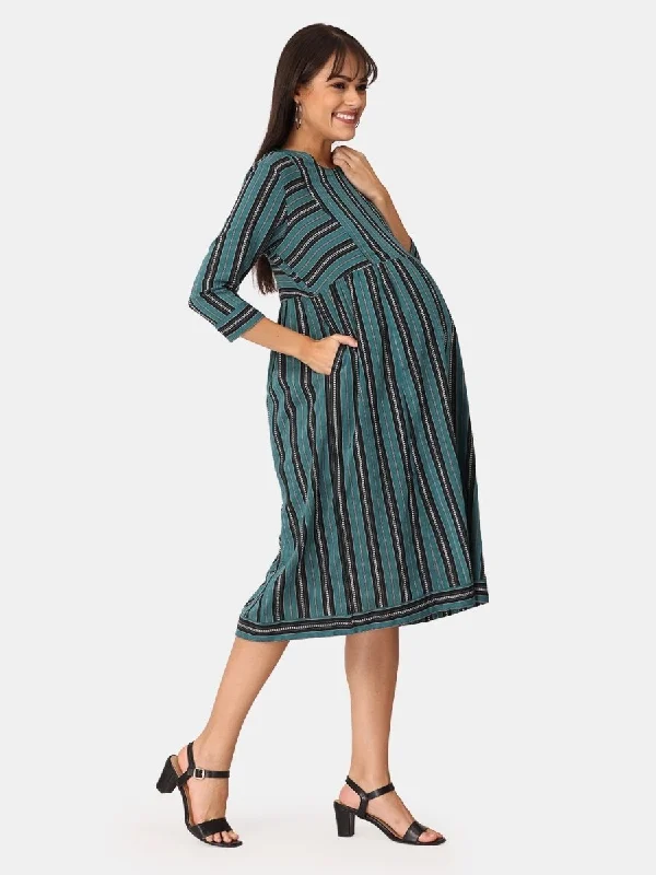 Teal and Black Stripes Cotton Maternity and Casual Dress