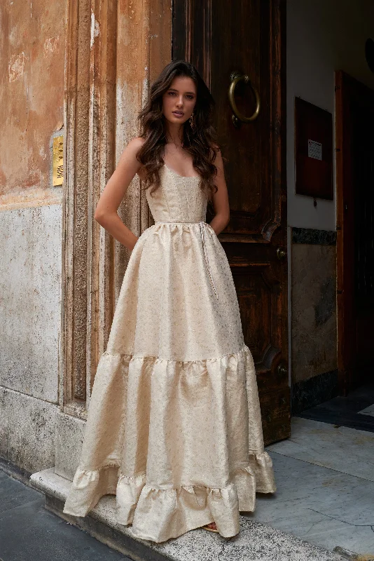 The Avery Dress in Taupe Duchess