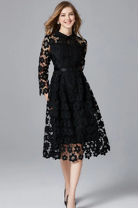 THREE QUARTER SLEEVE HOLLOW OUT LACE DRESS - in Clearance Black XXL