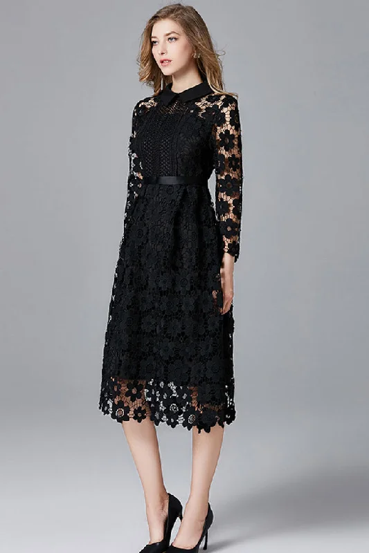 THREE QUARTER SLEEVE HOLLOW OUT LACE DRESS - in Clearance Black XXL