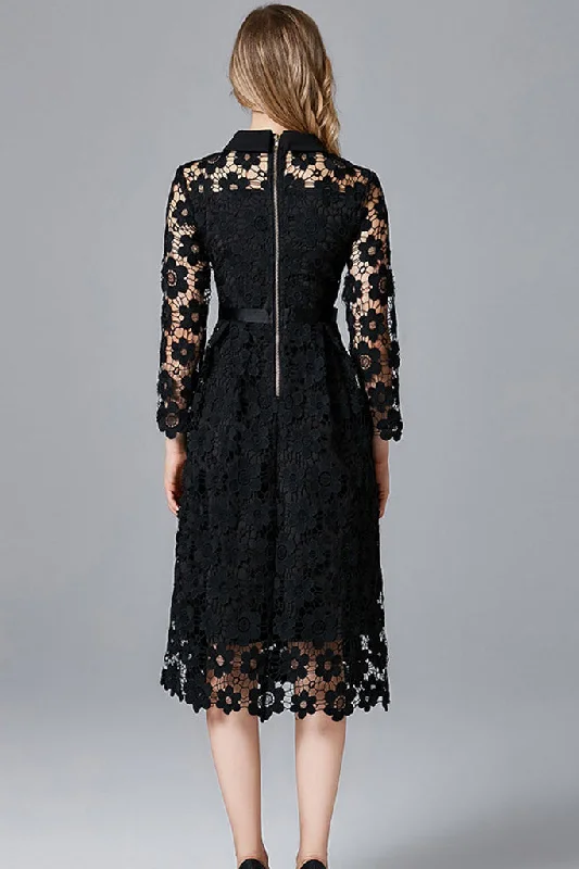 THREE QUARTER SLEEVE HOLLOW OUT LACE DRESS - in Clearance Black XXL