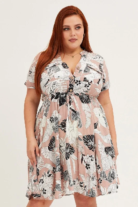 Trop Print Short Sleeve V-neck Shirt Dress