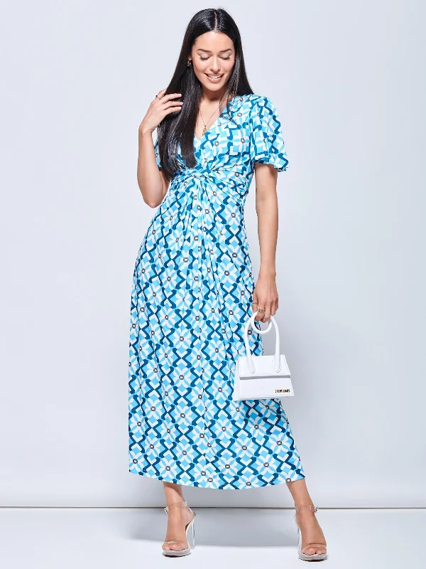 Twist Front Jersey Maxi Dress, Blue Geo