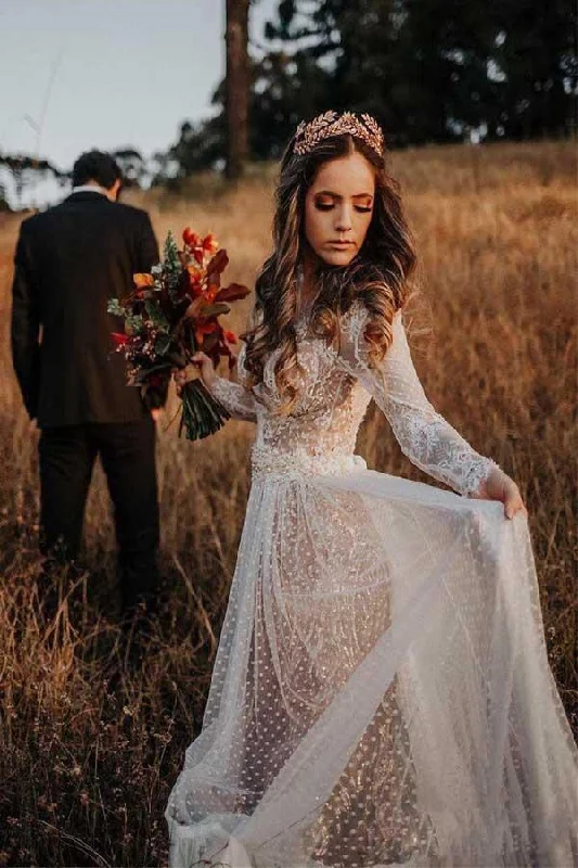 V-Neck Polka Dot Lace Open Back Long Sleeve  Boho Bridal Gown WD433