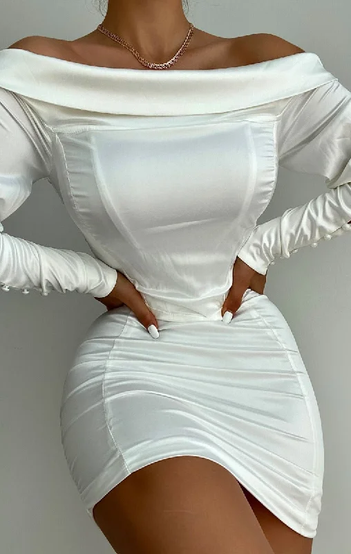 White Satin Bardot Long Puff Sleeve Bodycon Mini Dress - Tiara