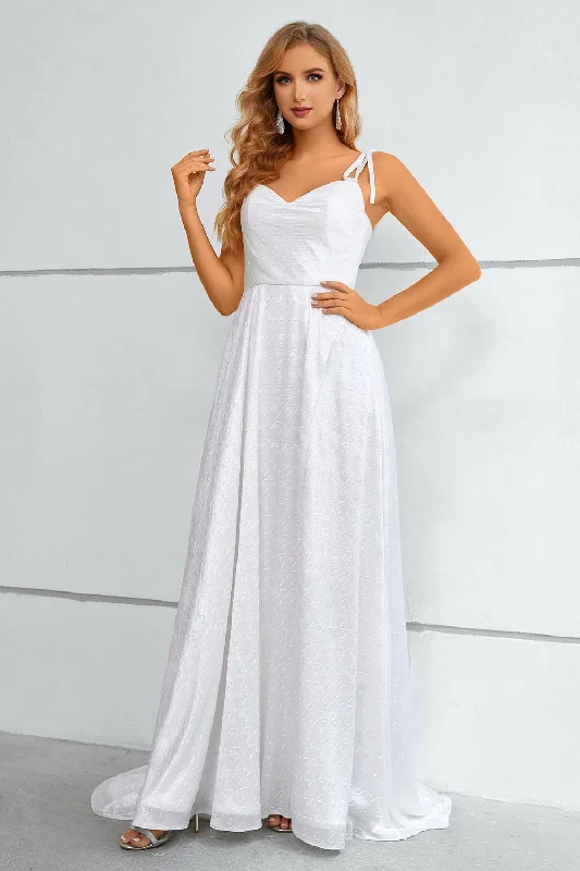 White Spaghetti Straps Bowknot Prom Dress With Slit