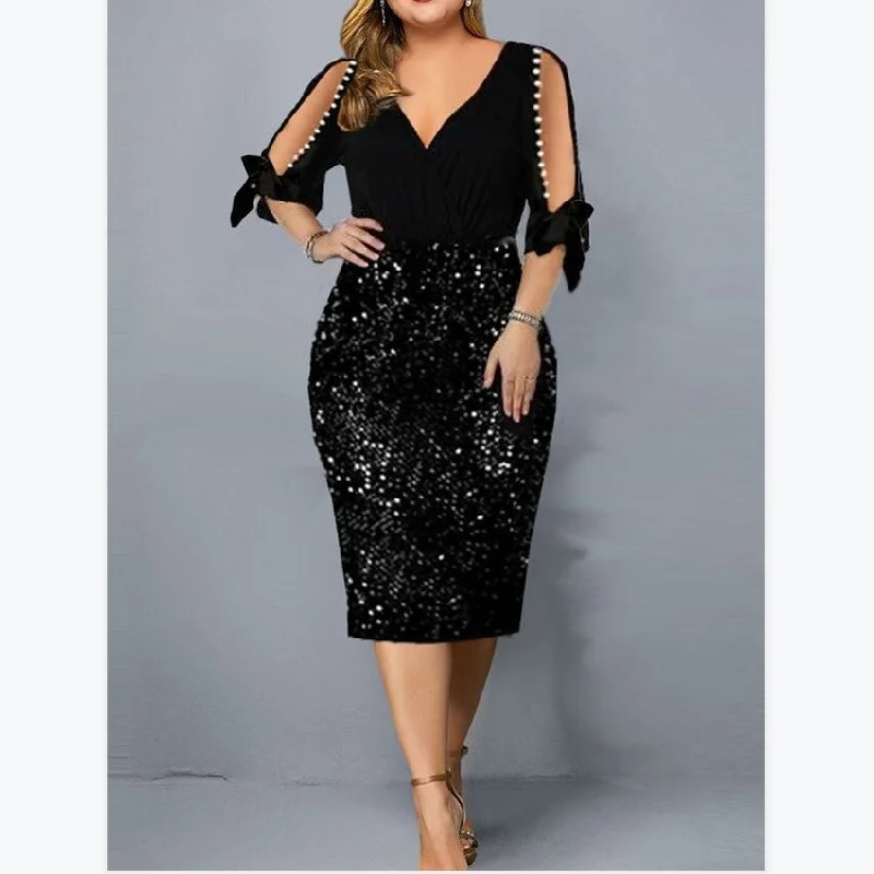 Women's Collar Personalized Sequined Petal Sleeve Dresses