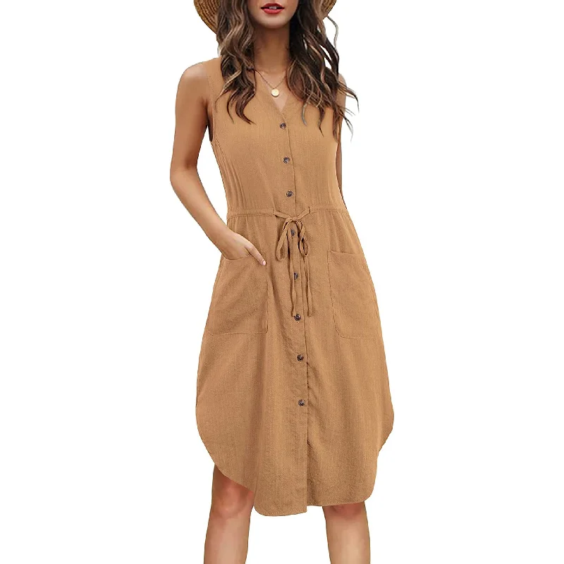 Women's Summer Casual Sleeveless Buttons Pocket Dress Dresses