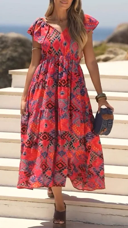 Women's V-neck Short-sleeved Printed Casual Dress