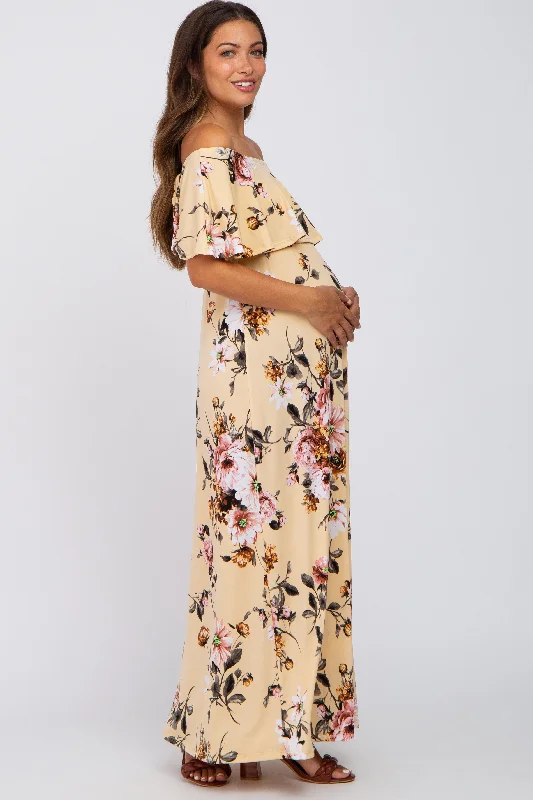 Yellow Floral Off Shoulder Maternity Maxi Dress